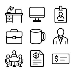 Internship Icons Set. Outline icon set of international internship placements: office desk, computer monitor, ID badge, briefcase,