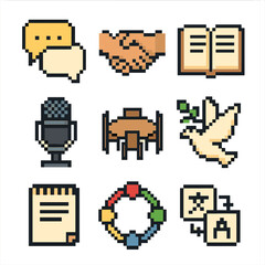 Interfaith Dialogue Icons. Pixel art icon set of interfaith dialogue: speech bubbles, handshake, open book, microphone, round