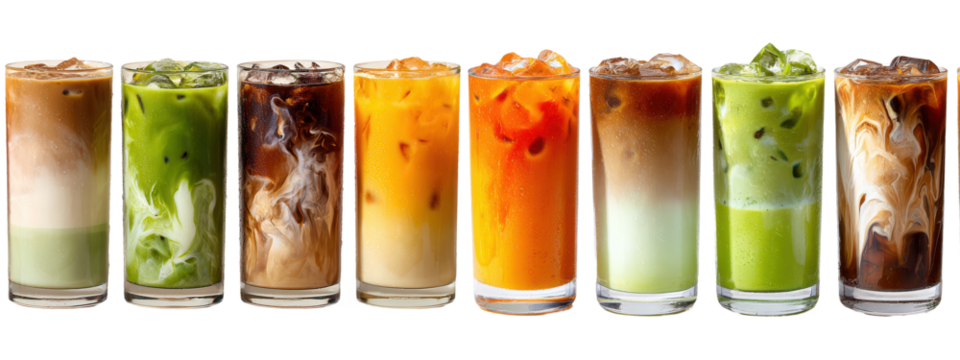 Iced milk tea and matcha drinks in glasses isolated on transparent background