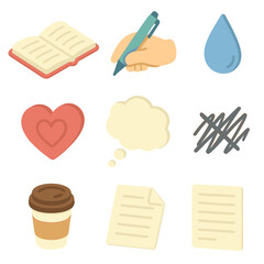 Journaling Icon Set. Isometric Flat icon set of journaling emotional release: open notebook, pen in hand, tear drop icon, heart
