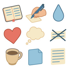 Journaling Icon Set. Isometric Flat icon set of journaling emotional release: open notebook, pen in hand, tear drop icon, heart