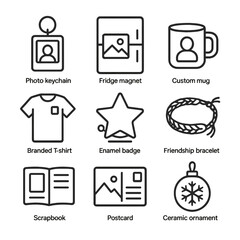 Keepsake Icons Grid. Outline icon set of keepsakes and souvenirs: photo keychain, fridge magnet, custom mug, branded T-shirt,