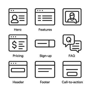 Landing Page Icons. Outline icon set of landing page sections: hero section, features section, testimonial section, pricing