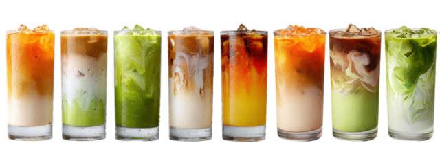 Iced milk tea and matcha drinks in glasses isolated on transparent background
