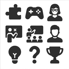 Fun Learning Icons. Solid, filled icons set of fun learning activities: puzzle piece, game icon, teacher icon,