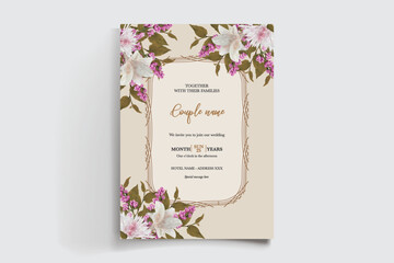 WEDDING INVITATION FRAME WITH FLOWER DECORATIONS AND FRESH LEAVES