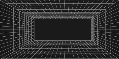 Futuristic perspective grid box. Abstract wireframe with white grid line on black background. Virtual reality landscape in 80s 90s digital style.
