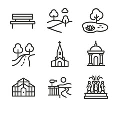 Moscow Park Icons. Outline icon set of Moscow parks and gardens: Gorky Park bench, Zaryadye meadow, Alexander Garden pond,