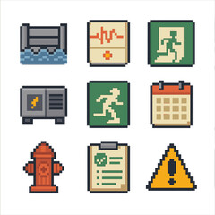 Resilient City Pixel Icons. Pixel art icon set of resilient city infrastructure: flood barrier, earthquake sensor, emergency exit,