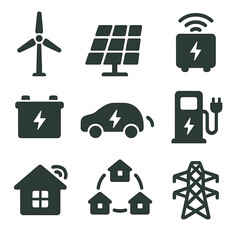 Green Energy Icons. Solid, filled icons set of green energy infrastructure: wind turbine, solar panel, smart