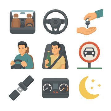Designated Driver Icons. Isometric Flat icon set of designated driver situation: car interior, steering wheel, sober driver