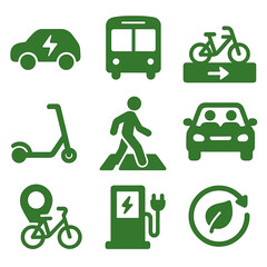 Green Transportation Icons. Solid, filled icons set of green transportation methods: electric vehicle, public