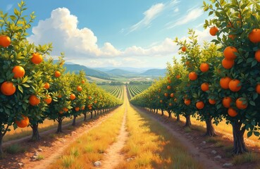 Vibrant orange grove with trees laden with ripe fruit. Rows of orange trees under clear sky, abundant harvest. Sunny landscape with orange fruits, ideal for eco-friendly farming projects.