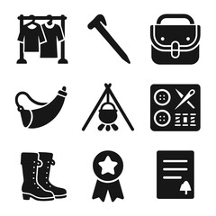 Historical Reenactment Icons. Solid, filled icons set of historical reenactment tools and props: costume rack,