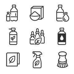 Eco-Friendly Cleaning Icons. Outline icon set of eco-friendly cleaning agents: vinegar solution, baking soda, lemon juice, castile