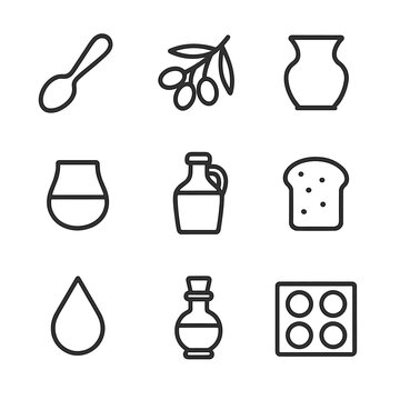 Olive Oil Tasting Icons. Outline icon set of olive oil tasting utensils: Tasting spoon, Olive branch, Spittoon, Tasting glass,