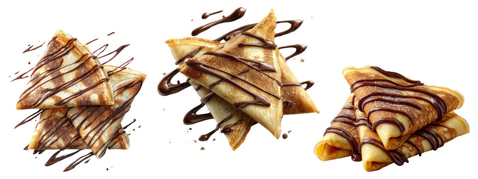 Folded crepes with chocolate drizzle isolated on transparent background