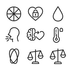 Emotional Regulation Icons. Outline icon set of emotional regulation: emotion wheel, locked heart, tear drop, smile mask,
