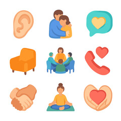 Emotional Support Icons. Isometric Flat icon set of emotional support: listening ear, comforting hug, supportive message bubble,