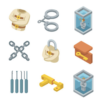 Escape Act Icons. Isometric Flat icon set of escape acts: straitjacket, handcuffs, water tank, chains, straightjacket padlock, key