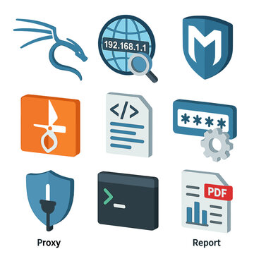 Penetration Testing Icons. Isometric Flat icon set of penetration testing tools: Kali Linux logo, Nmap scanner, Metasploit icon,