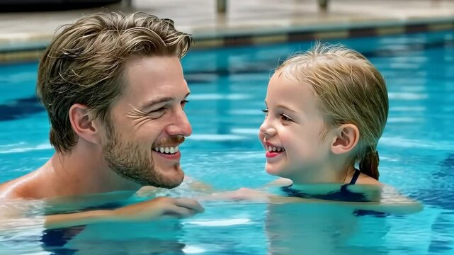 Father and daughter enjoy playful moments in pool during sunny day at local aquatic center