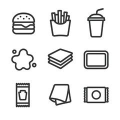 Fast Food Icons. Outline icon set of fast food hand grease: burger, french fries, soda cup, grease stain, napkin stack, tray liner