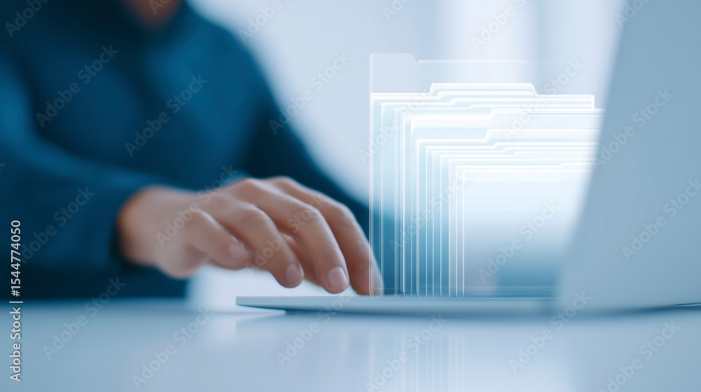 Poster digital workspace with a person using a laptop, interacting with virtual file folders, showcasing mo