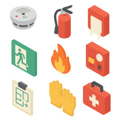 Fire Safety Icons. Isometric Flat icon set of fire safety in home offices: smoke detector, fire extinguisher, fire blanket,