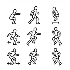 Naklejka premium Plyometric Exercise Icons. Outline icon set of lower body plyometrics: squat jump, lunge jump, tuck jump, box jump, lateral hop,