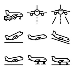Flight Icon Set. Outline icon set of flight stages: pushback tug, taxiway line, runway alignment, rotation pitch, cruise altitude,