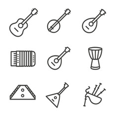 Folk Instrument Icons. Outline icon set of folk and traditional instruments: acoustic guitar, banjo, mandolin, accordion, ukulele,