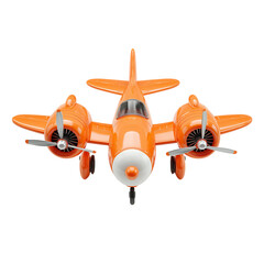 A vibrant orange toy airplane with twin propellers isolated on a black background front view on transparent background