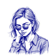 Young woman wearing sunglasses looking pensive in blue ink sketch  
