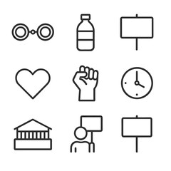 Protest Icon Set. Outline icon set of rooftop hunger strike support: protest shackles, water bottle, sign board, solidarity fist,