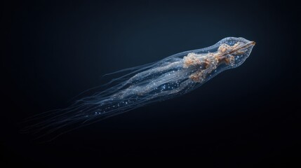 Translucent ocean creature with delicate filaments in deep blue background