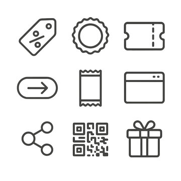 Promotional Packaging Icons. Outline icon set of promotional packaging: discount tag, limited edition badge, coupon icon,