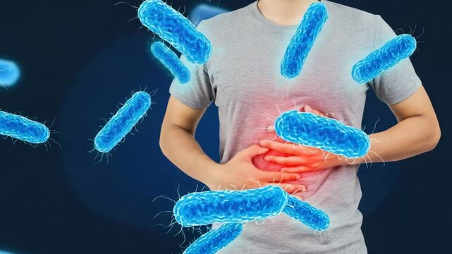 Person with stomach pain, animated bacteria overlay.