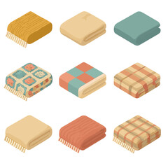 Throw Blanket Icons. Isometric Flat icon set of throw blanket styles: knitted throw, faux fur throw, woven throw, fleece blanket,