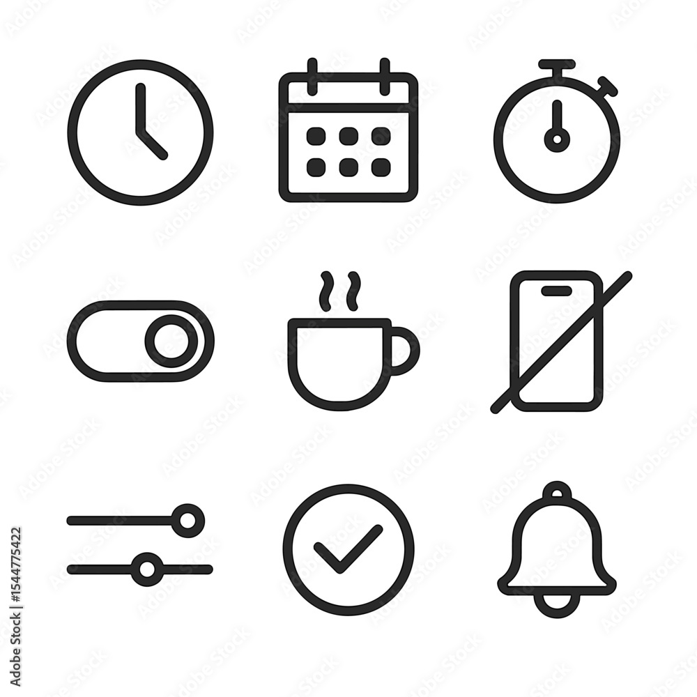 Poster time management icons. outline icon set of time management boundaries: clock face, calendar block, t
