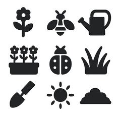 Meadowscaping Icons Grid. Solid, filled icons set of meadowscaping essentials: wildflower icon, bee icon, watering can, flower bed, ladybug icon, grass icon, garden tool, sunshine, soil icon.