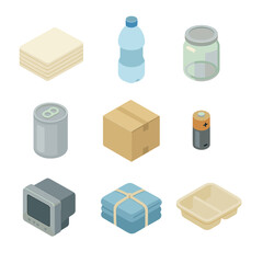 Recycling Icon Set. Isometric Flat icon set of household recyclables: paper stack, plastic bottle, glass jar, aluminum can,