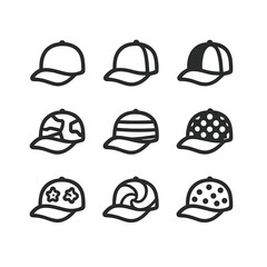 Hat Icon Collection. Outline icon set of Hat colors and patterns: solid neutral, pastel gradient, bold primary, earth tone camo,