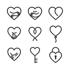 Heart Icons Collection. Outline icon set of symbolic heart hugs: heart with arms, hugging heart, interlocked hearts, heart
