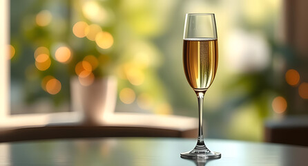 Champagne flute styled soothing, placed with bokeh highlights, rendered in 3D low-poly