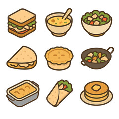 Turkey Leftovers Icon Set. Flat icon set of turkey leftovers dishes: turkey sandwich, soup bowl, salad bowl, quesadilla, pot pie,