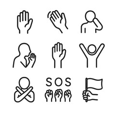 Help Gestures Icons. Outline icon set of manual help gestures: raised hand, waving arm, hand over head, cupped hand to mouth, help