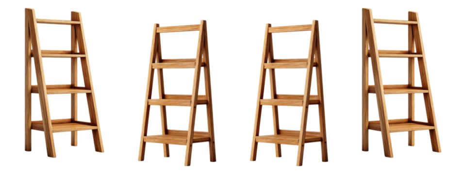 Wooden A-frame display ladders isolated on transparent background