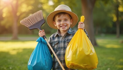 Young boy smiles, participates community cleanup event. Boy holds rubbish bags, broom in park on sunny day. Volunteer activity, green initiative, cleaning the environment, helping to keep city clean.