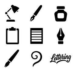 Modern Calligraphy Icons. Solid, filled icons set of professional calligraphy setup: desk lamp, calligraphy